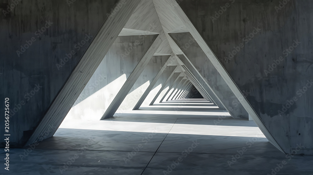 Fototapeta premium This is a 3D rendering of a modern concrete industrial corridor featuring a triangular tunnel design