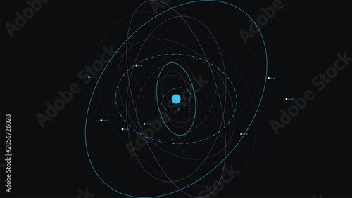 Fotografi Abstract tech orbital data rings diagram on dark background