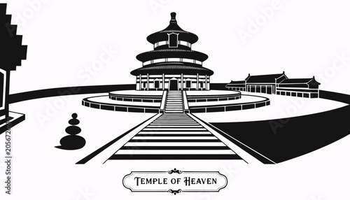 Φωτογραφία Very beautiful black-and-white engraved vector illustration featuring the TEMPLE OF HEAVEN in Beijing, China, with iconic circular architecture and a decorative label reading TEMPLE OF HEAVEN