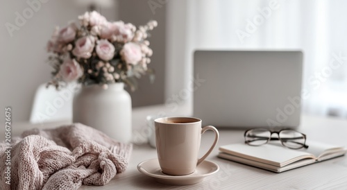 A serene workspace setup with a cup of coffee and a laptop on a desk with a vase of flowers and a no