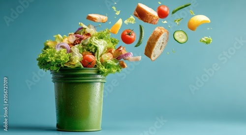 A green bucket filled with salad and vegetables flying out of it on a blue background with copy spac