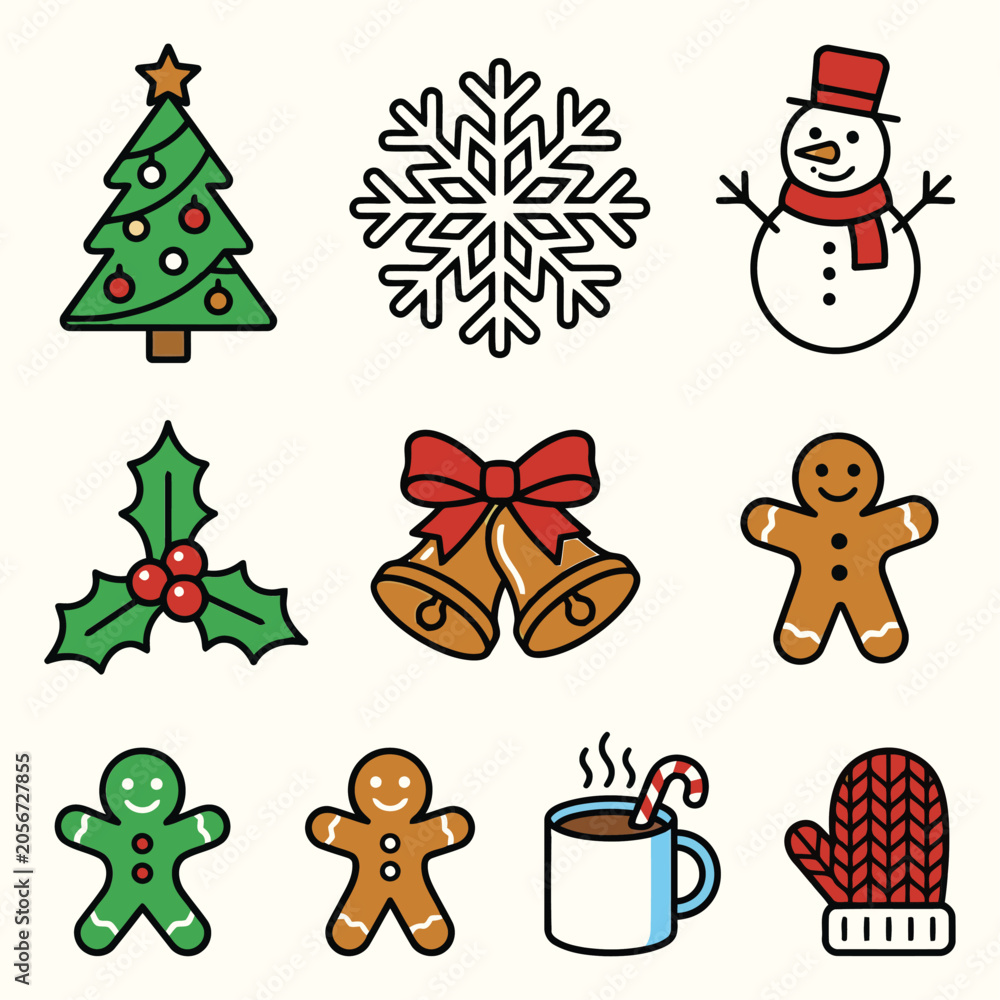 Fototapeta premium Christmas icons including tree, snowflake, snowman, holly, bells, gingerbread men, mug, and mittens