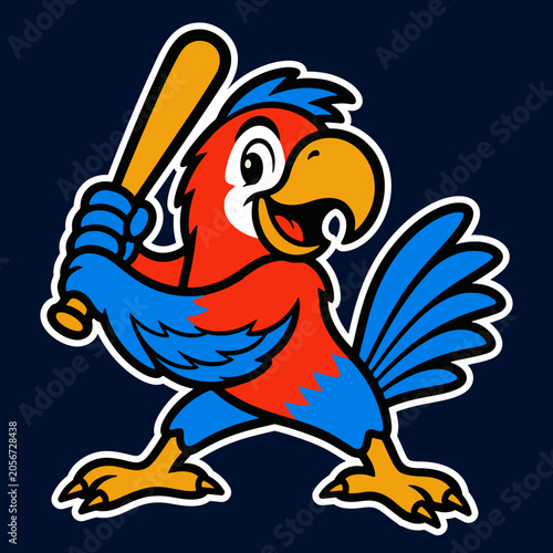 Batting Parrot Baseball Mascot Logo Vector Illustration for Sports Team Branding