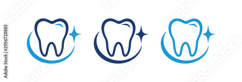 A collection of three minimalist dental tooth logo icons featuring clean outlines with sparkles and swooshes in shades of blue and teal