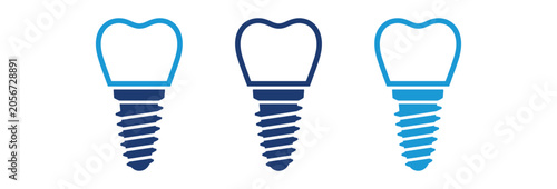 A set of three dental implant vector icons with crowns and screw threads in shades of blue isolated on a white background