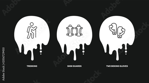 Bild auf Leinwand sport and game icon set with trekking, shin guards, two boxing gloves signs in f