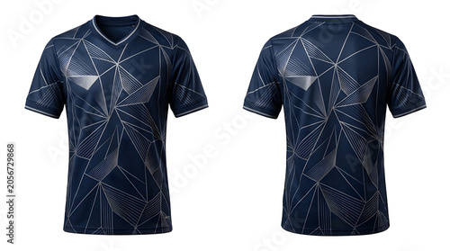 Navy blue short-sleeved shirt with a unique geometric pattern design on both the front and back sides for fashion and sports
