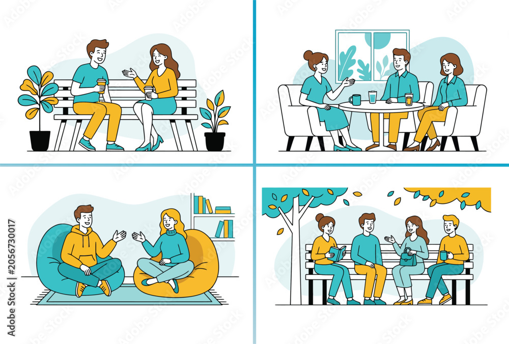 Fototapeta premium Diverse groups having casual meetings in cozy indoor and outdoor settings. vector