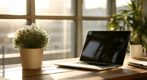 A laptop on a wooden desk in front of a window with a potted plant and a cup of coffee on a sunny da