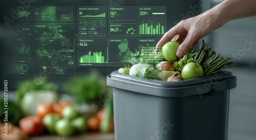 A person's hand putting vegetables into a recycling bin with graphs in the background about food was