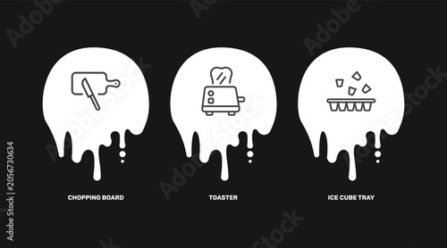 Foto kitchen icon set with chopping board, toaster, ice cube tray signs in flat outli