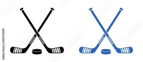 Obraz na płótnie Hockey stick icons featuring crossed hockey sticks and puck silhouettes, representing ice hockey sports, competition, athletic performance, and team gameplay
