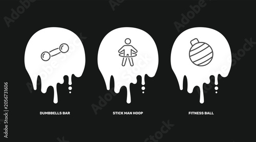 фотографія fitness and gym icon set with dumbbells bar, stick man hoop, fitness ball signs