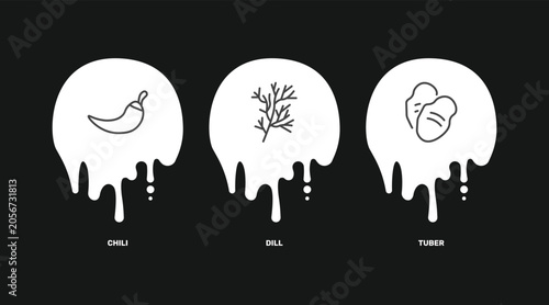 Foto vegetables and fruits icon set with chili, dill, tuber signs in flat outline sty