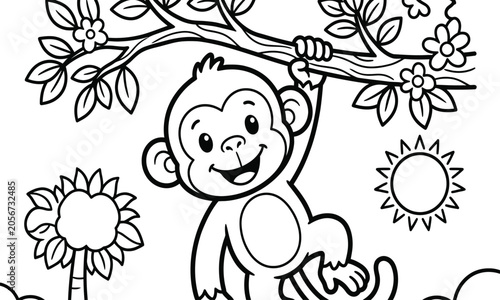 Canvas Print Cheerful cartoon monkey hanging from tree branch with leaves, flowers, and sun,