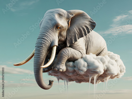 A majestic elephant resting on top of a soft white cloud in a serene blue sky atmosphere representing dreams and fantasy concept with elephant floating majestic