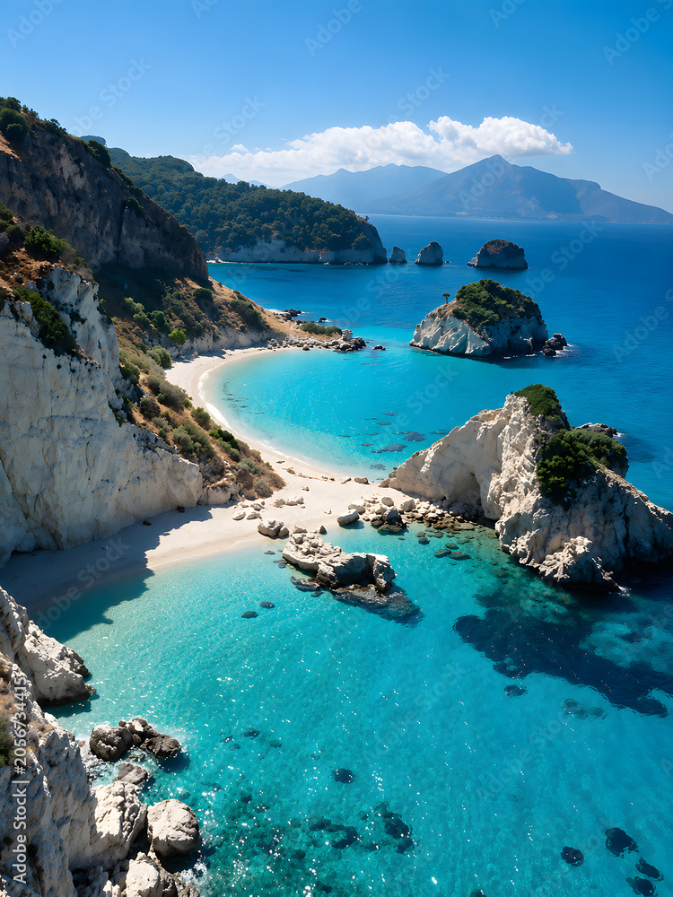 Fototapeta premium Breathtaking aerial view of a turquoise bay with white limestone cliffs, secluded beach and crystal clear sea under a bright blue summer sky.