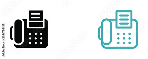 Foto Fax machine icons featuring office fax telephone printer communication devices in outline, solid, and color styles for business and workplace applications