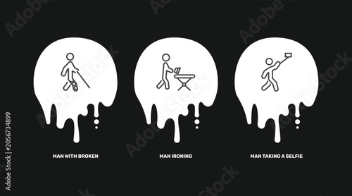 Foto behavior and action icon set with man with broken leg, man ironing, man taking a