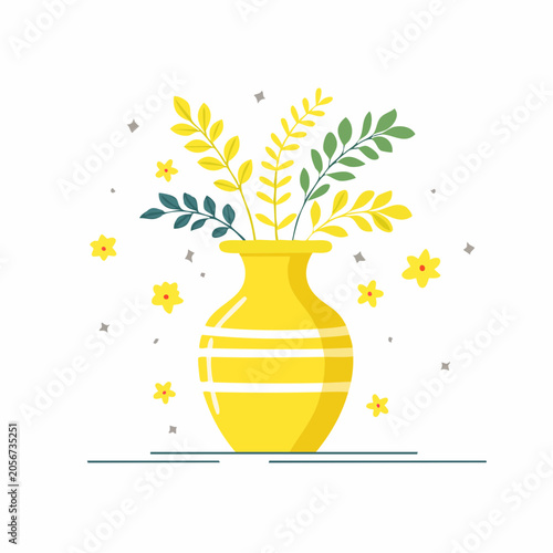 Yellow vase with green and yellow branches and small yellow flowers