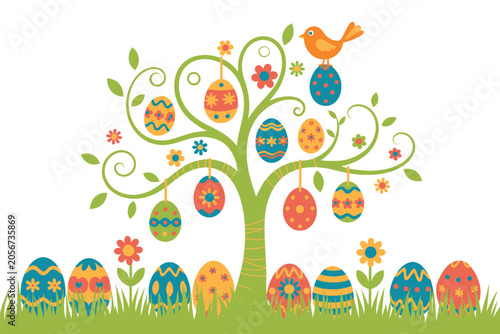 Spring easter tree illustration decorated with painted eggs bird