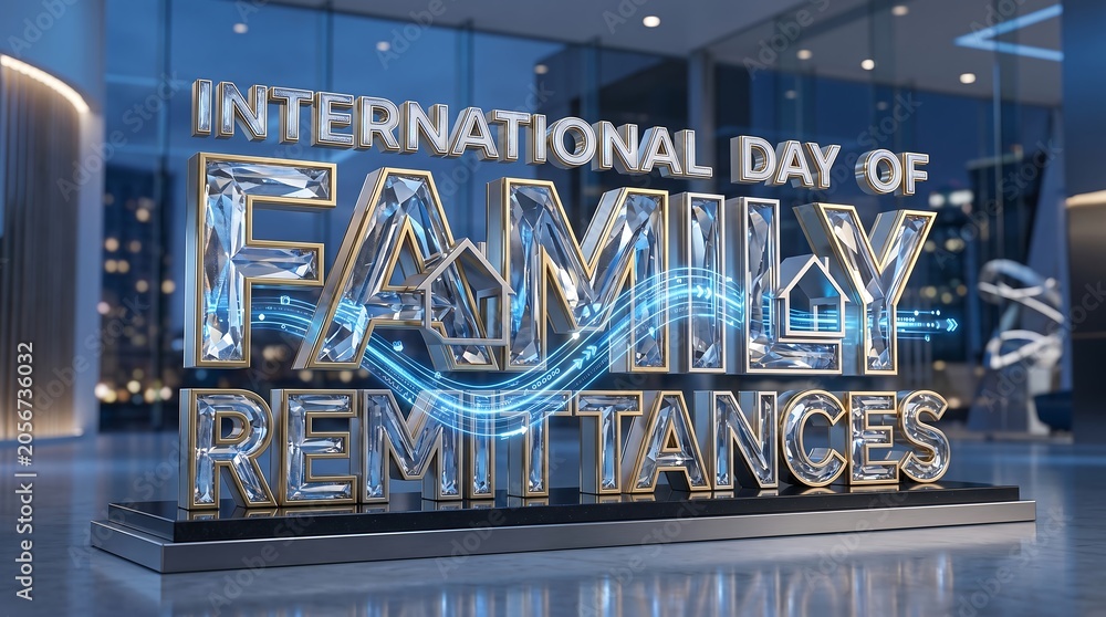 Obraz premium 3d render of international day of family remittances text with diamond texture and glowing blue light effects in a modern office lobby