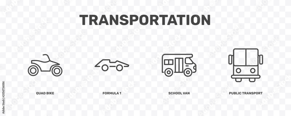Naklejka premium transportation icon set with quad bike, formula 1, school van, public transport signs in flat outline style