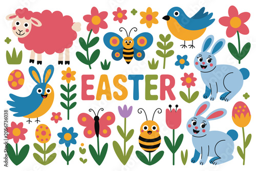 Colorful easter spring icons and elements set with butterfly