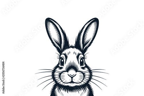 Engraved style detailed rabbit head portrait black white