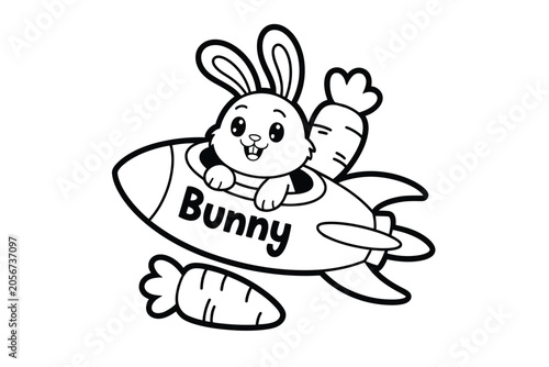 Cartoon bunny flying in rocket ship with carrots line art