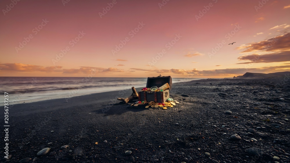 Fototapeta premium Tranquil Beach Scene with Mushroom Chair and Sunset Sky over Pebbled Shore