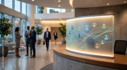 Interactive glowing digital display in modern office lobby with people blue green