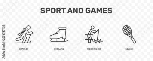 Foto sport and games icon set with biathlon, ice skates, fisher fishing, squash signs