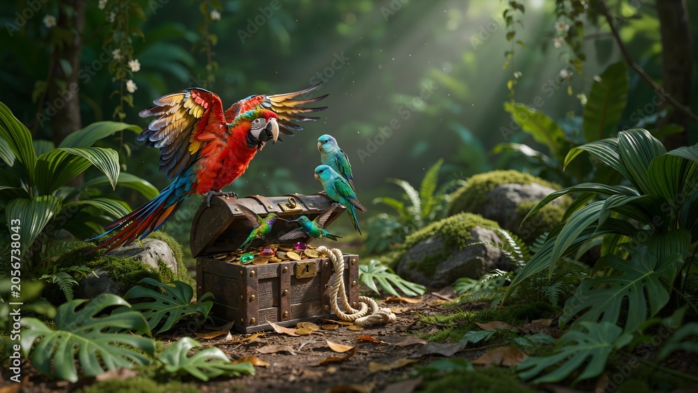 Fototapeta premium Vibrant Tropical Parrots and Snake in Lush Jungle Environment with Treasure Chest