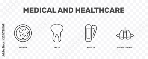 Foto medical and healthcare icon set with bacteria, teeth, plaster, breath control si
