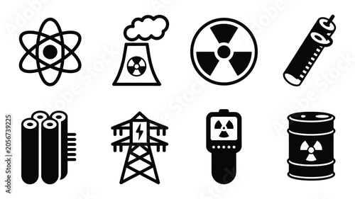 Schilderij op canvas Nuclear energy icons showcasing black vector symbols related to atomic reactors, electricity generation, radiation control, scientific innovation, and industrial operations