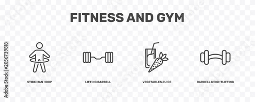 Photos fitness and gym icon set with stick man hoop, lifting barbell, vegetables juice,