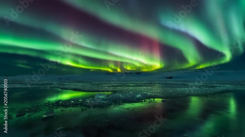 Stunning northern lights dance and reflect on nort c  landscape under starry night sky