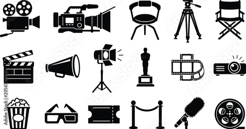 Schilderij op canvas Cinema production and movie theater glyph vector icon set featuring video cameras director chair clapperboard award trophy spotlight and popcorn entertainment elements