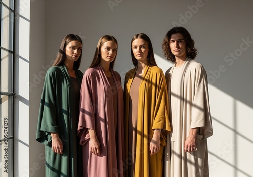 Four diverse people stand in a studio setting wearing flowing kaftans and looking at the camera