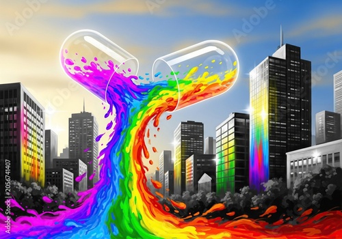 Rainbow liquid spills from an open capsule into a monochrome cityscape