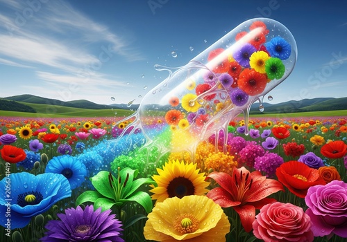 Vibrant flower-filled capsule spilling colorful petals and rainbow light onto a blooming meadow