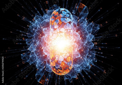 Abstract glowing capsule emitting light with fractal energy explosion