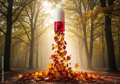 Giant pill releases a cascade of autumn leaves in a sun-dappled forest
