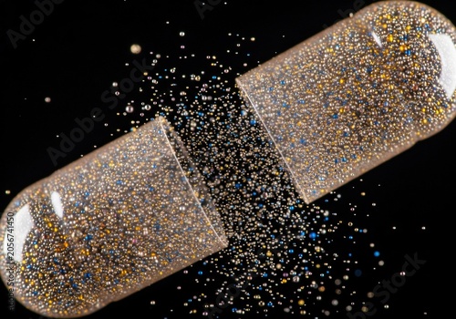 Exploding capsule with colorful glitter powder and particles against a black background