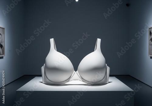 Large white bra sculpture displayed in a modern art gallery