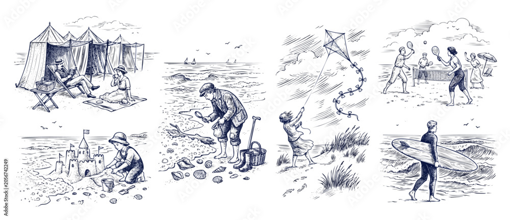 Obraz premium Vintage seaside illustrations line art set of retro summer beach activities, featuring sandcastle building, surfing, kite flying, beachcombing, and family recreation in etching style drawing.