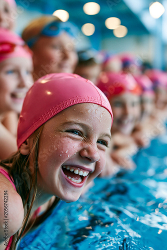 Children at a swimming lesson — a smiling girl in a pink cap and glasses at the poolside.