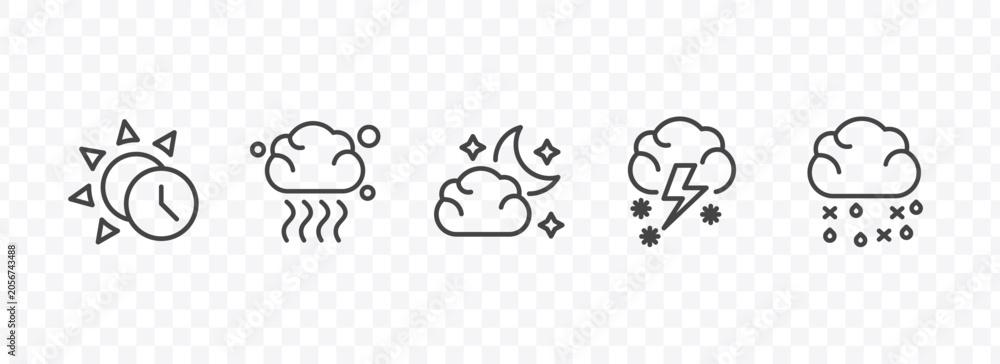 Fototapeta premium weather icon set with daytime, smog, thundersnow, sleet signs in flat outline style