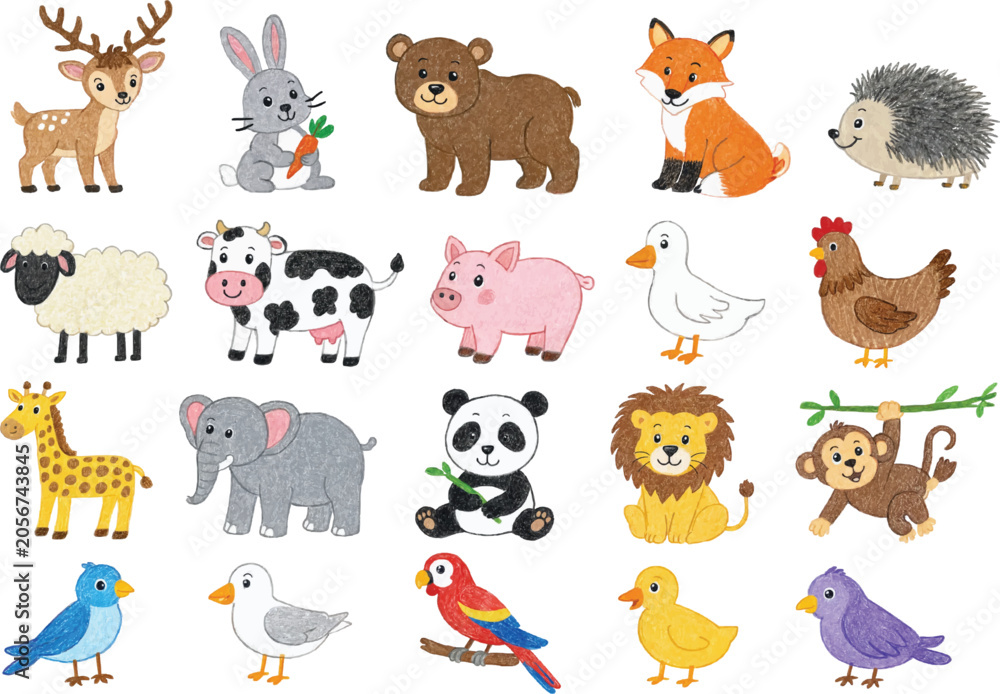 Fototapeta premium Hand Drawn Cute Animal Collection with Deer Bear Fox Pig Panda Monkey Lion and Bird Illustrations Isolated on White